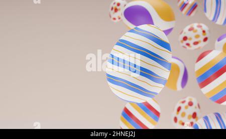 Osterkomposition mit Levitation 3D Rendering buntes Ei. Fröhliche ostern kreative Banner mit fallenden Eiern auf beigem Hintergrund. 3D Illustrator wiedergeben Stockfoto
