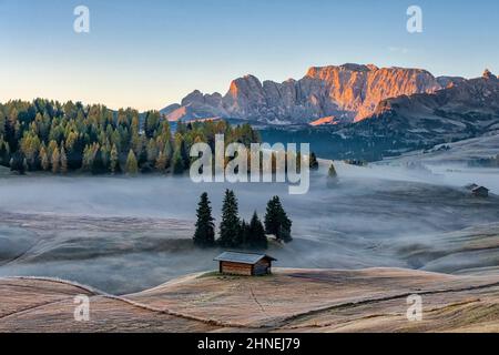 Nebel über den Weiden der Seiser Alm mit einer Holzhütte, die Roterdspitze in der Ferne, im Herbst bei Sonnenaufgang. Stockfoto