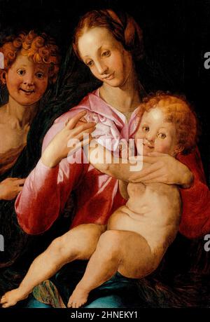 Jungfrau und Kind mit dem jungen Heiligen Johannes dem Täufer von Agnolo Bronzino oder Werkstatt (1503-1572), Öl auf Tafel, c. 1527/30 Stockfoto