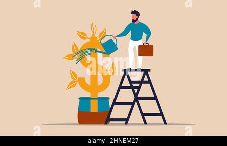 Wachstum Gold sprießen Baum und wässern Sämling Reichtum. Golden Revenue und Business Capital Budget Vektor Illustration Konzept. Unternehmertum investo Stock Vektor