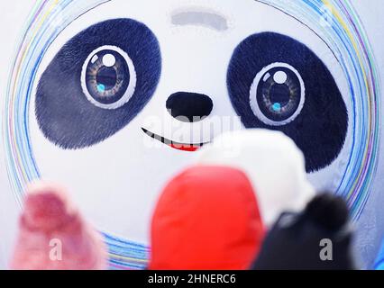 Peking, China. 16th. Februar 2022. Ein Bing Dwen Dwen, Maskottchen der Olympischen Winterspiele 2022 in Peking, interagiert mit dem Publikum im Nationalen Alpinen Skizentrum in Yanqing, Peking, der Hauptstadt Chinas, am 16. Februar 2022. Quelle: Jiang Wenyao/Xinhua/Alamy Live News Stockfoto