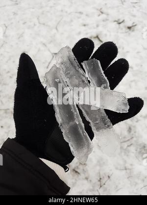 Hand, die nach dem eisigen Wintereissturm gefallene Eisstücke von Bäumen hält. Eisbedeckte Bäume nach Glatteisregen. Unwetterlage Stockfoto