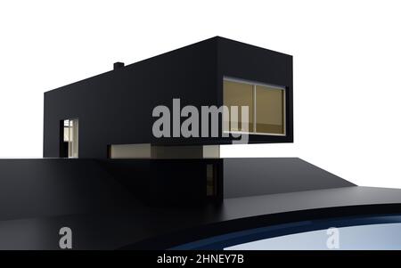 Hervorstehender Teil eines modernen Gebäudes in Schwarz. 3D Rendern Stockfoto