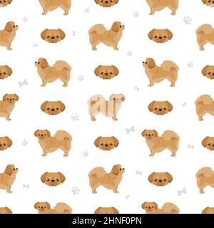 Tibetisches Spaniel nahtloses Muster. Verschiedene Posen, Fellfarben eingestellt. Vektorgrafik Stock Vektor