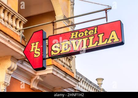 Hotel Sevilla Schild, Ciego de Avila, Kuba Stockfoto