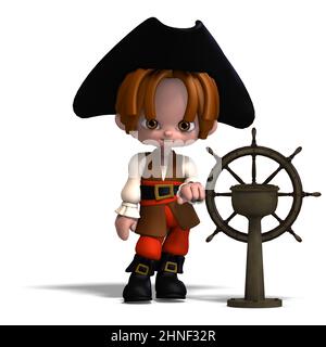 3D-Illustration eines süßen und lustigen Cartoon-Piraten-Kid mit Hut Stockfoto