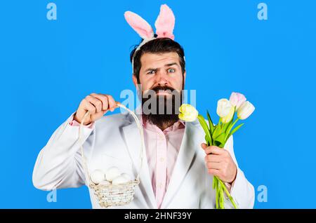 Frohe Ostern. Kaninchenmann in Hasenohren mit Tulpen und Korbeiern. Frühlingsferien. Stockfoto