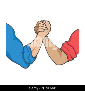 Armringsport. Zwei Arme im Wettbewerb. Rot und blau Ärmel Gegner Symbol. Arm Wrestling Vektor Cartoon Illustration. Ellbogen auf Tisch Spiel Grafik s Stock Vektor