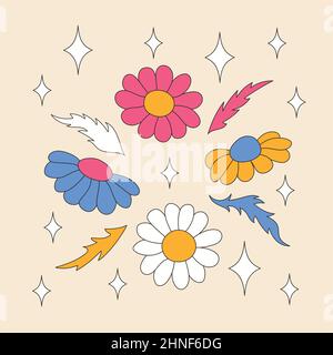 Retro-Gänseblümchen mit Schmetterlingen und Funkeln. Sommerblumen. Stock Vektor