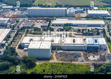 Luftaufnahme, Industriegebiet InlogParc mit Abriss des Logistiklagers Woolworth am A2 in Westerbonen, Bönen, Ruhrgebiet, Nord Stockfoto