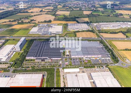 Luftbild, Industriegebiet InlogParc auf der Autobahn A2 mit Welser Profile Deutschland GmbH und Logistikzentrum Zurbrüggen Lager in Osterb Stockfoto