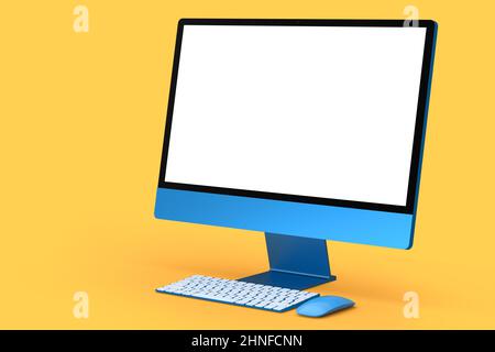 Realistisches blaues Computerdisplay mit Tastatur und Maus auf orangefarbenem Hintergrund. 3D-Rendering des Monitors für den Heimstudio-Arbeitsplatz Stockfoto