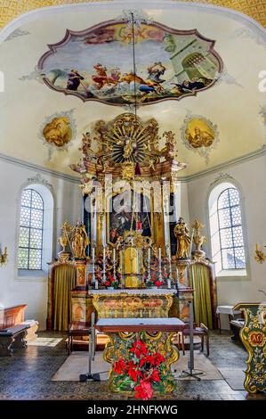 Hauptaltar, St.-Stephans-Kirche in Weitnau-Hellengerst, Allgäu, Bayern, Deutschland Stockfoto