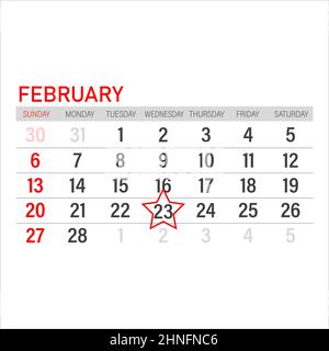 Februar 23 auf dem Kalender. Zeichnung auf weißem Hintergrund. Stock Vektor