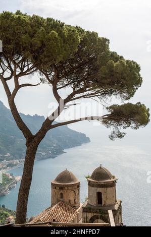 Blick auf Küste und Meer mit Kiefern, Regenschirm Zirbe (Pinus pinea), zwei Kirchtürme, Kirche Chiesa DellAnnunziata, Ravello, Amalfiküste Stockfoto