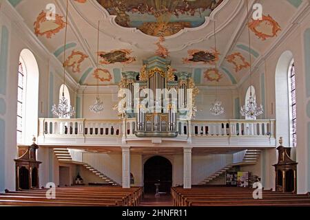 Katholische Kirche St. John Nepomuk, Weihe 1755, Orgel, Hadamar Ldkrs. Limburg-Weilburg, Hessen, Deutschland Stockfoto