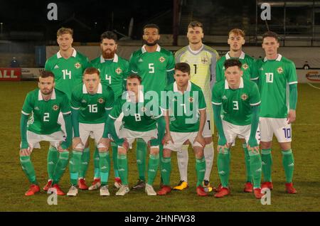 Shamrock Park, Portadown, Nordirland. 22. März 2018. Internationaler Fußball - 2019 UEFA Under 21 Championship Qualifier - Gruppe 2 - Nordirland gegen Spanien. Die nordirische Mannschaft unter 21 Jahren vor dem Anpfiff. Team – hintere Reihe – Ben Hall (14), Liam Donnelly (4), Ryan Johnson (5), Conor Mitchell (1), Mark Sykes (11) Jordan Thompson (10) vordere Reihe – Cameron Dummitan (2), Shayne Lavery (16), Gavin Whyte (8), Paul Smyth (7), Conor McDermott (3) Stockfoto