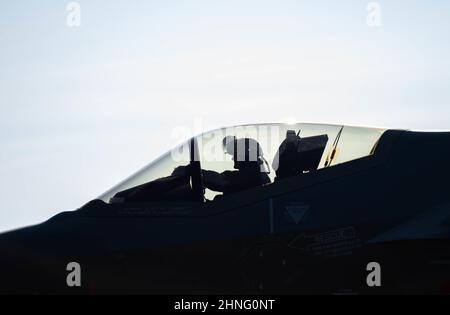 Ein F-35A Lightning II Pilot, der dem 308th Fighter Squadron, Luke Air Force Base, Arizona, zugewiesen wurde, taxis die Fluglinie auf der Tyndall AFB, Florida, 27. Januar 2022. Das 308th FS unterstützt die Integration von Pilottaktiken und fördert die Innovation von Kämpfernatur als ein zusammenhängendes Missionsteam. (USA Luftwaffe Foto von Airman 1st Klasse Anabel Del Valle) Stockfoto