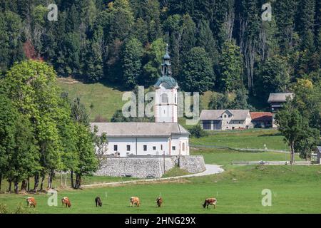 Bild einer Kirche, einer katholischen Kapelle, in zgornje jezersko, einem ländlichen Dorf in Slowenien an der österreichischen Grenze, in den Julischen alpen, im Sommer, mit i Stockfoto