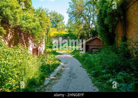 Fußweg durch alte verlassene Festung, umgeben von grünen Pflanzen an sonnigen Tagen Stockfoto