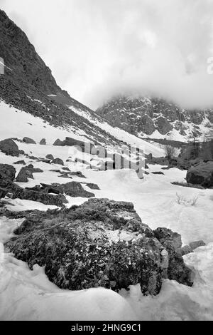 Aktru-Tal im Altai-Gebirge. Felsen und Steine umgeben von hohen, wolkenbedeckten Bergen. Reine Natur Sibiriens, Russland Stockfoto