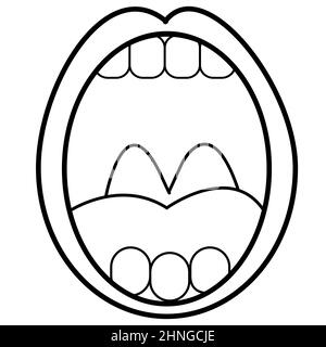 Symbol für Mundhöhle auf weißem Hintergrund. Offener Mund mit Zähnen und Zunge Zeichen. Hals orales Symbol. Flach Stil. Stockfoto