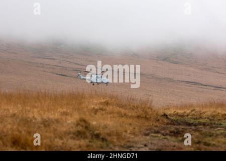 Royal Navy Merlin Helikopter-Training im Avon Valley über dem Avon Dam Reservoir, Dartmoor Stockfoto