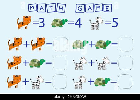 Zählen Spiel mit Tieren Tiger, Schildkröten, Zebras. Arbeitsblatt für Vorschulkinder, Aktivitätsblatt für Kinder, druckbares Arbeitsblatt Stockfoto