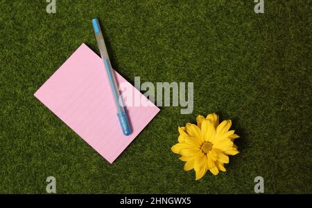 Leere Notiz Papier auf Kunstrasen Hintergrund mit bunten Blumen Stockfoto