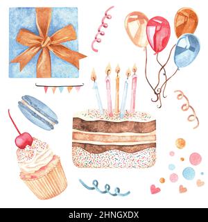Eine Reihe von Aquarell Vintage Illustration zum Thema Geburtstag. Kuchen, Cupcake, Makronen, Ballons, Konfetti und ein Geschenk. Isoliert auf einem weißen Stockfoto
