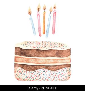 Schokolade-Vanille-Kuchen mit Konfetti und Kerzen dekoriert. Aquarell Vintage Illustration zum Thema Geburtstag. Isoliert auf weißem Hintergrund. Stockfoto