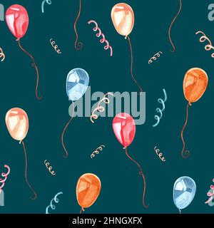 Muster aus einer Reihe von Aquarell-Vintage-Illustrationen zum Thema Geburtstag. Luftballons und Konfetti. Isoliert auf einem dunkelblauen Hintergrund. Für y Stockfoto