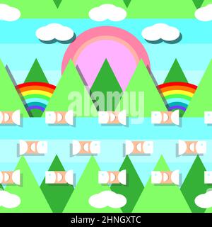 Muster der Naturlandschaft, nahtlose Muster, einfache Form der Berglandschaft, Sonne, See, Wolken, Regenbogen, Himmel und fliegende niedliche Fische. Stockfoto