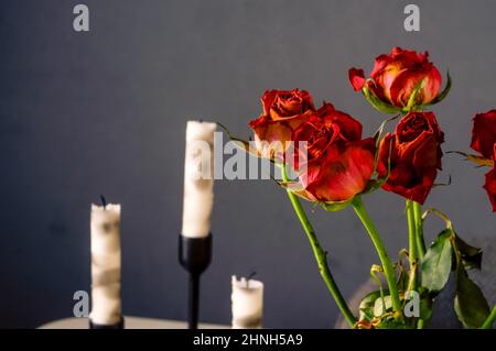 Rot verblassende Rosen, eine Komposition aus Kerzen und Blumen auf dunkelgrauem Hintergrund Stockfoto