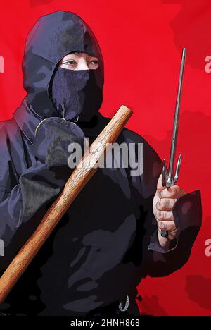 Ninja mit Wurfsternwaffe und rotem Hintergrund Stockfoto