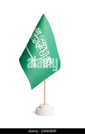 Kleine Tischflagge von Saudi-Arabien isoliert auf weißem Hintergrund Stockfoto