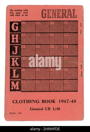 Rückseite des Originalbuches über die Kleiderration von 1947-1948. Die Rationierung der Kleidung endete erst am 15. März 1949. GROSSBRITANNIEN Stockfoto