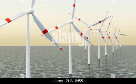 Offshore-Windenergieanlagen. Windkraft-Generator. Ein rotierender Propeller. Natürliche Energie. Windmühle eco. 3D Rendern Stockfoto