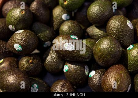 Bloomington, Usa. 14th. Februar 2022. Avocados aus Mexiko wurden in den Vereinigten Staaten verboten, einige sind jedoch in einem Supermarkt in Bloomington, Ind, zum Verkauf erhältlich. Die Regierung der Vereinigten Staaten Verbot Importe aus dem mexikanischen Bundesstaat Michoacán, nachdem eine Drohung gegen einen in Mexiko arbeitenden Inspektor der amerikanischen Bundesregierung ausgesprochen wurde. (Foto von Jeremy Hogan/SOPA Images/Sipa USA) Quelle: SIPA USA/Alamy Live News Stockfoto