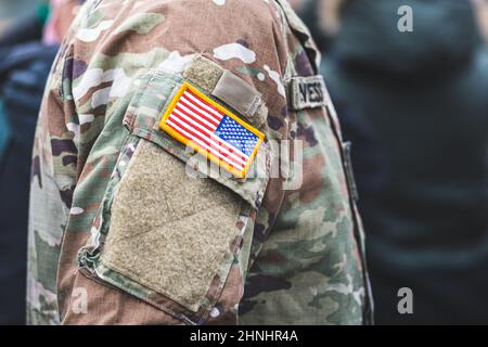 Flagge des United States Marine Corps, der USA oder der US-Armee, auf einer Soldatenuniform Stockfoto