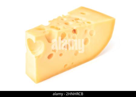 Essen und Trinken: Dreieckiges Stück Käse, isoliert auf weißem Hintergrund Stockfoto