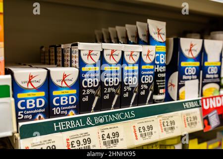 Woodbridge Suffolk UK February 16 2022: Eine Reihe von CBD-basierten Gesundheitsprodukten, darunter Öle, Tee und Creme. CBD-basierte Produkte sind jetzt in Großbritannien legal Stockfoto