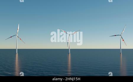 Offshore-Windenergieanlagen. Windkraft-Generator. Ein rotierender Propeller. Natürliche Energie. Windmühle eco. 3D Rendern Stockfoto