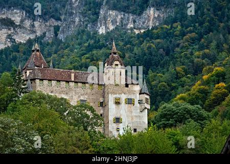 Palast und Türme des malerischen Schlosses Enn. Montagna/Montan, Provinz Bozen, Trentino-Südtirol, Italien, Europa. Stockfoto