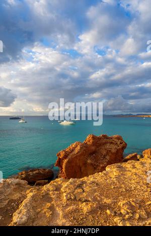 Seascape, Cala Saona Strand, Sonnenuntergang, Balearen, Formentera, Spanien Stockfoto