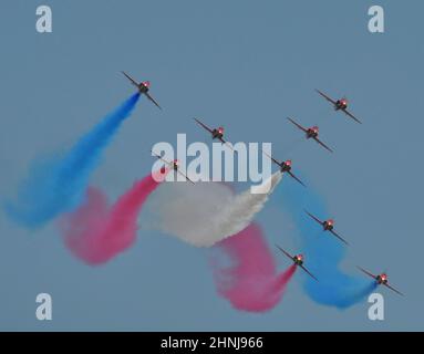 RAF Red Arrows, Auftritt auf der Waddington Air Show, Großbritannien - Juli 2013 Stockfoto