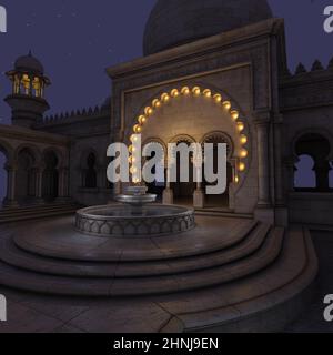 3D Illustration eines Fantasy-Ortes mit arabisch oder indischem Gebäude bei Nacht Stockfoto