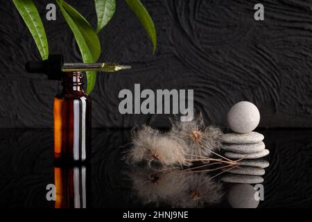 Minimalistische moderne SPKomposition mit kosmetischem Öl in Glasflasche. Zen-Steine, Minimalismus. Schwarzer Hintergrund. Stockfoto