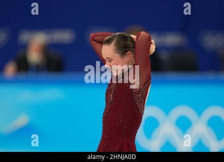 Peking, China, Olympische Winterspiele 2022, 17. Februar 2022: Mariah Bell aus den USA beim Eiskunstlauf im Capital Indoor Stadium. Kim Price/CSM. Stockfoto