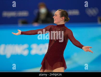 Peking, China, Olympische Winterspiele 2022, 17. Februar 2022: Mariah Bell aus den USA beim Eiskunstlauf im Capital Indoor Stadium. Kim Price/CSM. Stockfoto